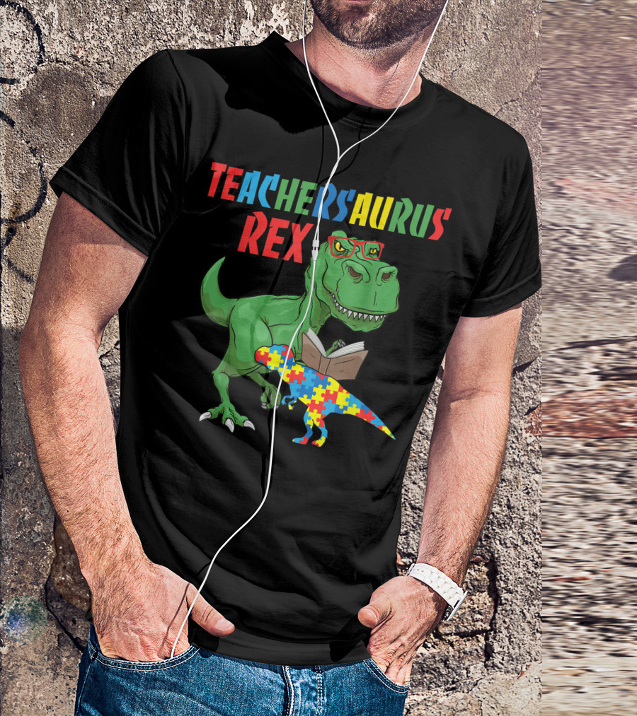 Teachersaurus Rex Dinosaur Reading Book With Puzzle Autism T-Shirt