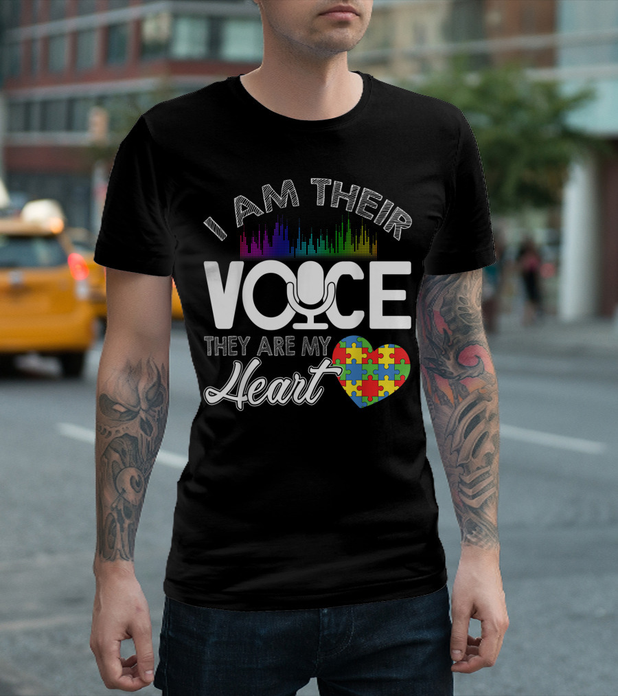 I Am Their Voice They Are My Heart Autism Microphone Puzzle Heart T-Shirt