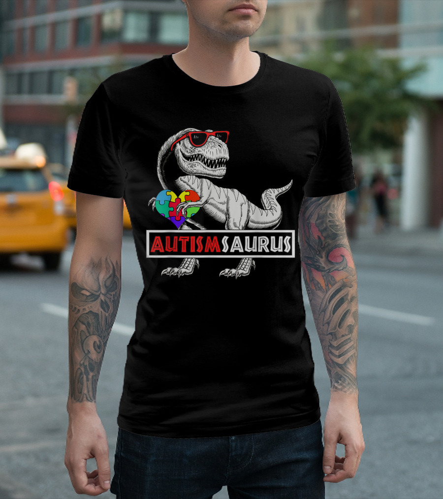 Autismsaurus Dinosaur With Puzzle Heart And Sunglasses T-Shirt
