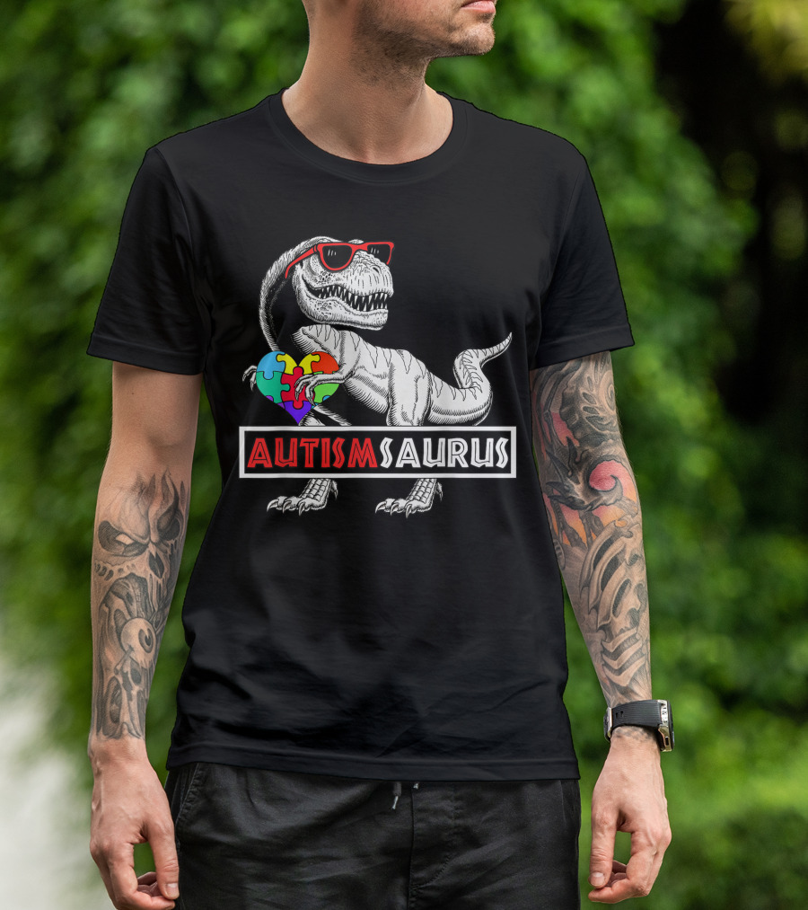 Autismsaurus Dinosaur With Puzzle Heart And Sunglasses T-Shirt
