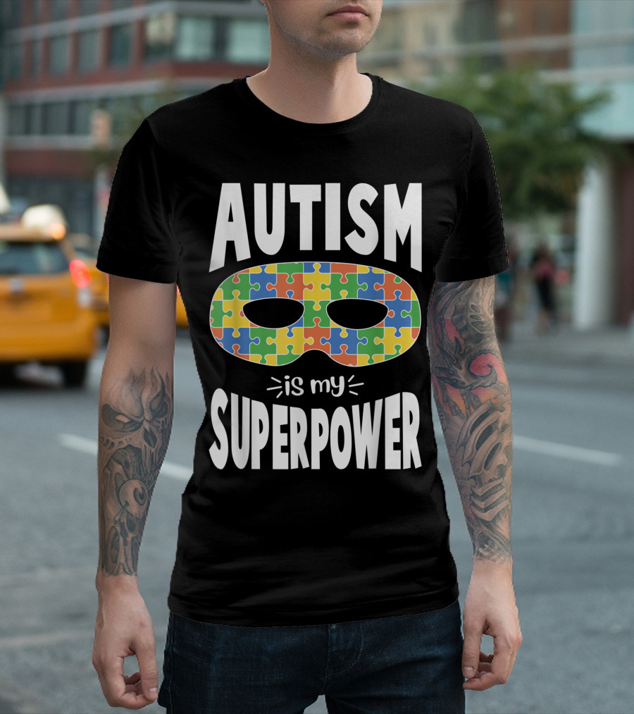 Autism Awareness Autism Is My Superpower Puzzle Mask T-Shirt
