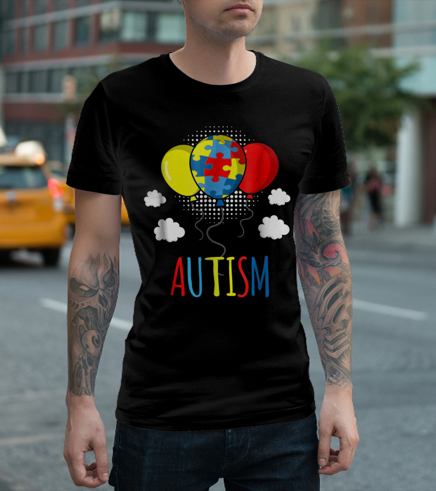 Autistic Balloon Puzzle Piece Clouds Autism Awareness T-Shirt