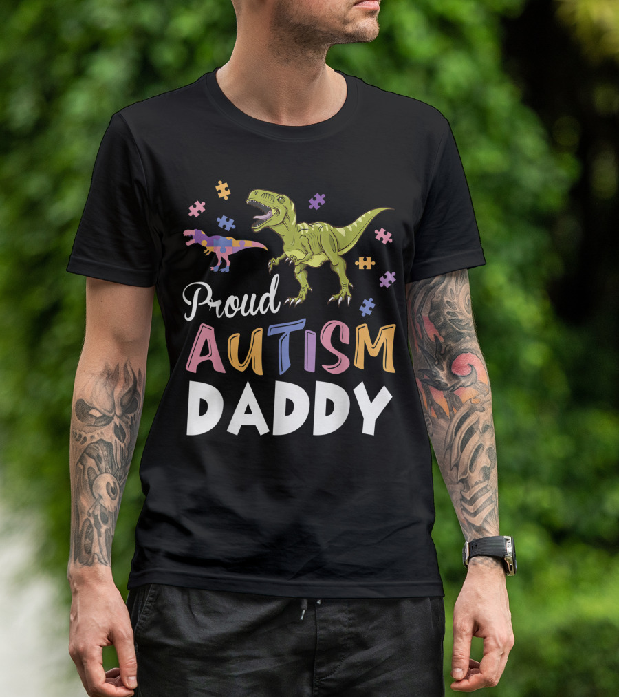 Proud Autism Daddy Dinosaurs With Puzzle Pieces T-Shirt