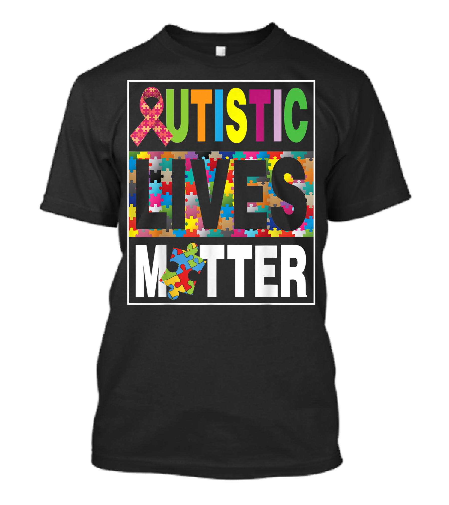 Autistic Lives Matter Puzzle Ribbon Autism Awareness Day Rainbow T-Shirt