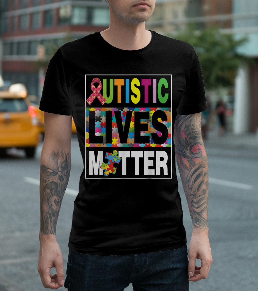 Autistic Lives Matter Puzzle Ribbon Autism Awareness Day Rainbow T-Shirt