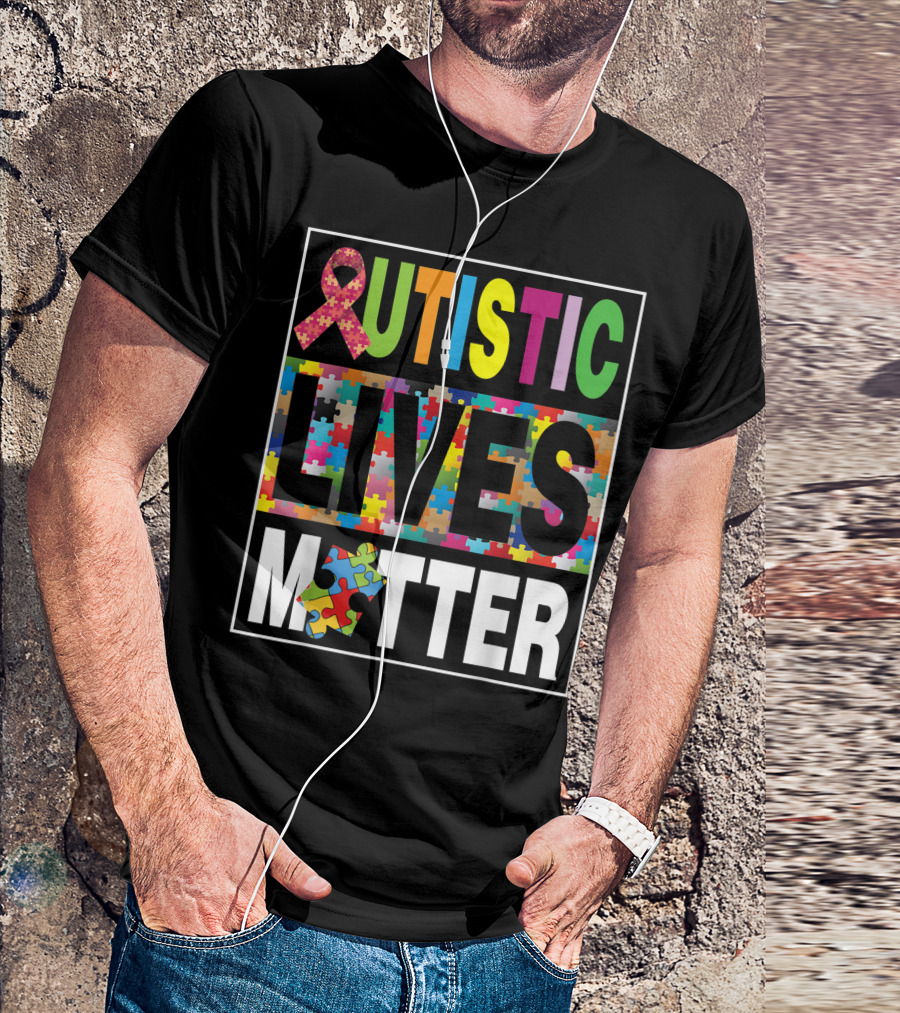 Autistic Lives Matter Puzzle Ribbon Autism Awareness Day Rainbow T-Shirt