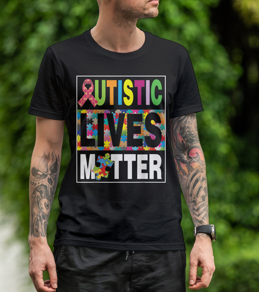 Autistic Lives Matter Puzzle Ribbon Autism Awareness Day Rainbow T-Shirt