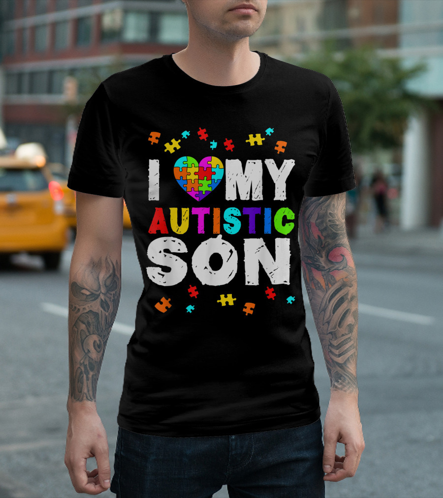 I Love My Autistic Son Autism Awareness Puzzle Pieces T-Shirt