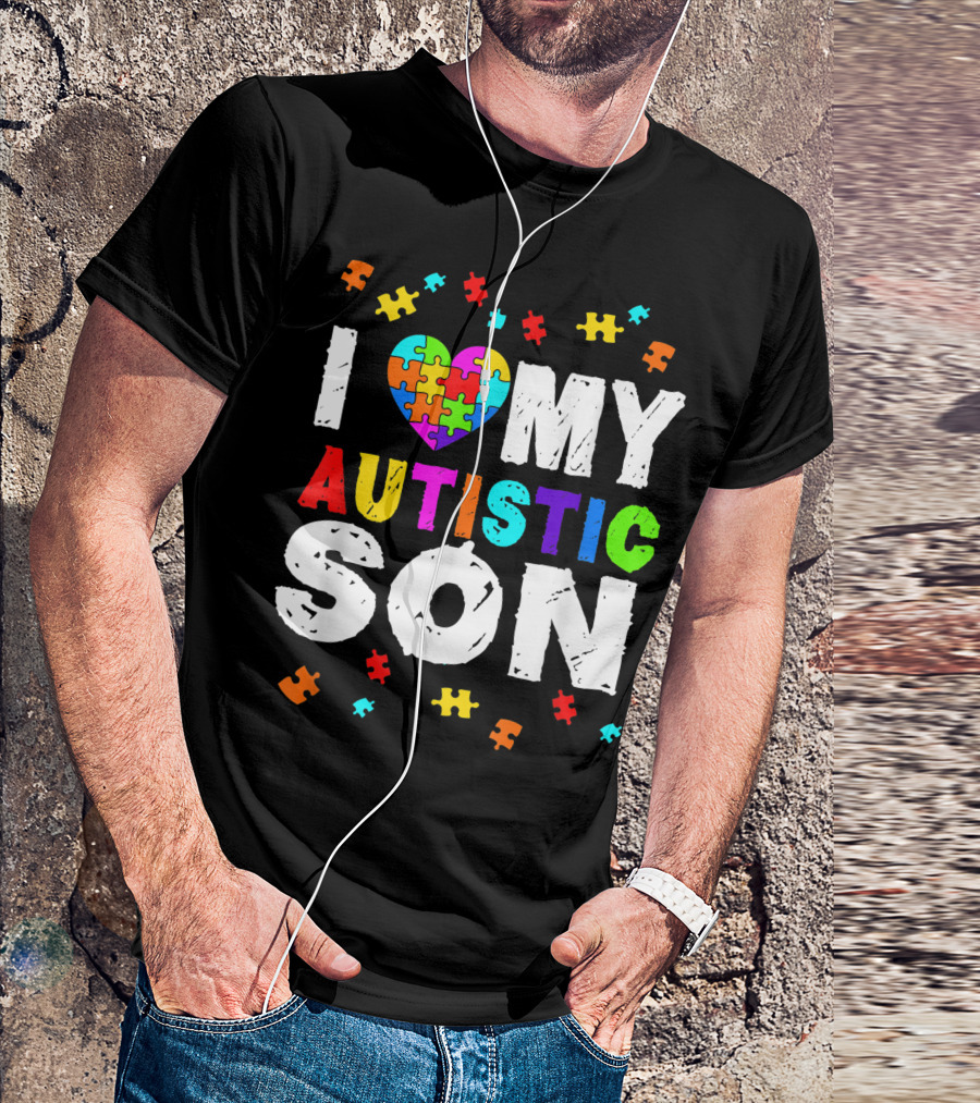 I Love My Autistic Son Autism Awareness Puzzle Pieces T-Shirt