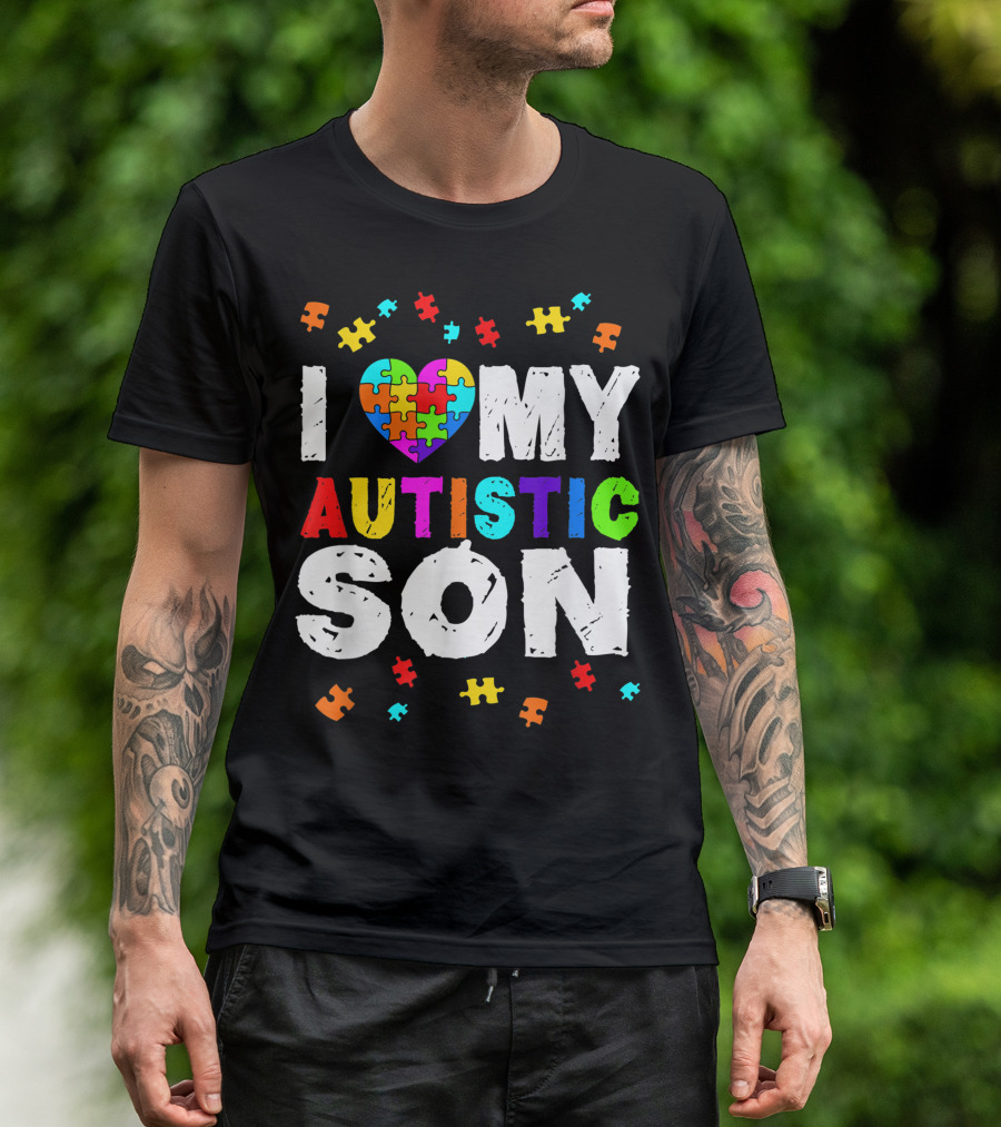 I Love My Autistic Son Autism Awareness Puzzle Pieces T-Shirt