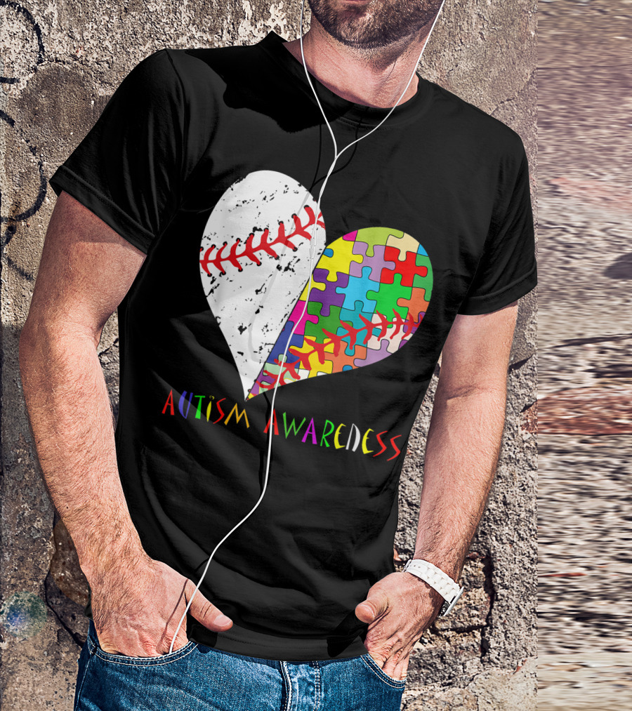 Baseball Heart Puzzle Autism Awareness T-Shirt