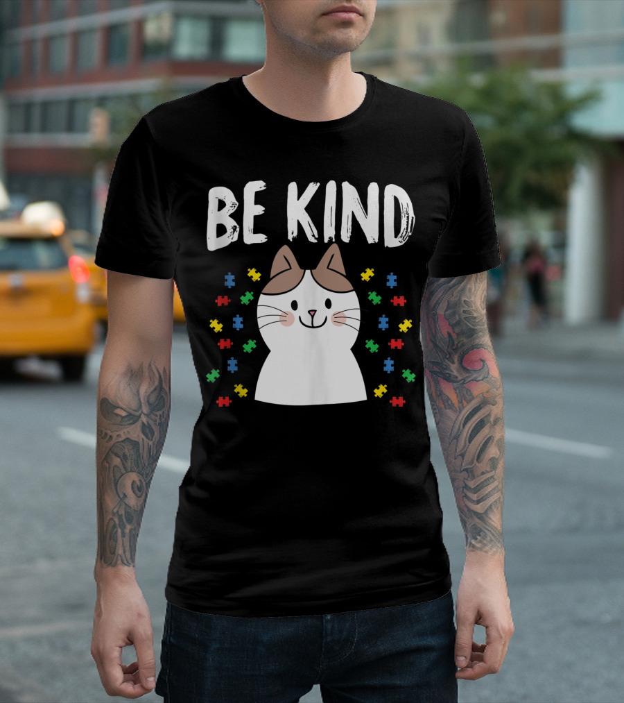 Be Kind Cat Surrounded by Autism Awareness Puzzle Pieces T-Shirt