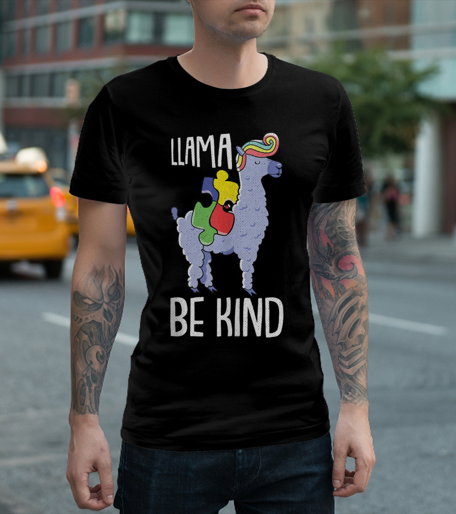 Llama Be Kind Autism Awareness Puzzle Piece Cute Llama T-Shirt