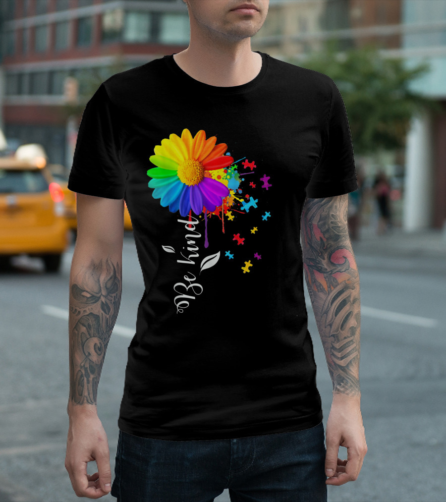 Be Kind Autism Awareness Rainbow Flower Puzzle Pieces T-Shirt