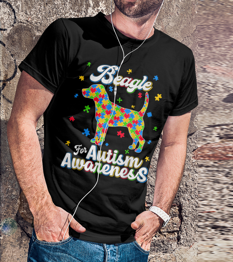 Beagle For Autism Awareness Puzzle Pattern Dog Dad T-Shirt