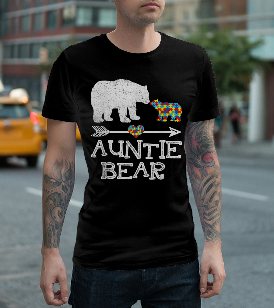 Auntie Bear Autism Puzzle Heart Awareness T-Shirt
