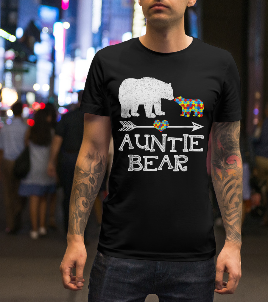 Auntie Bear Autism Puzzle Heart Awareness T-Shirt