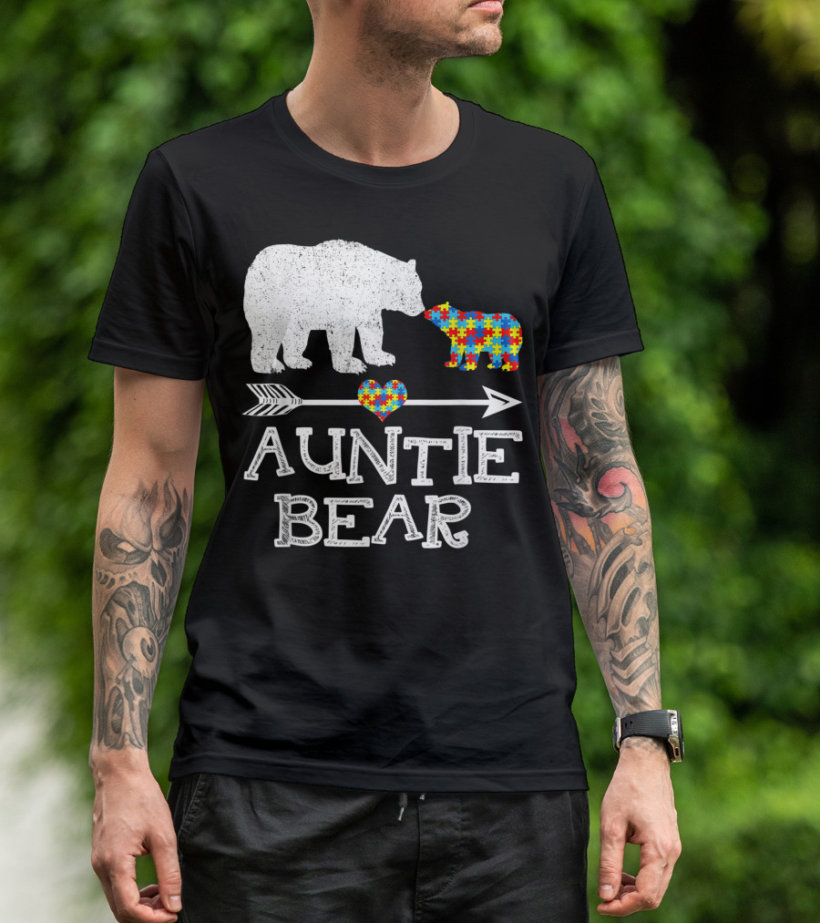 Auntie Bear Autism Puzzle Heart Awareness T-Shirt