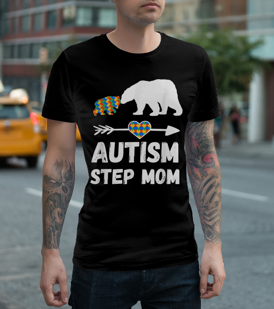 Bear Autism Step Mom Heart Puzzle Love Autism Awareness T-Shirt