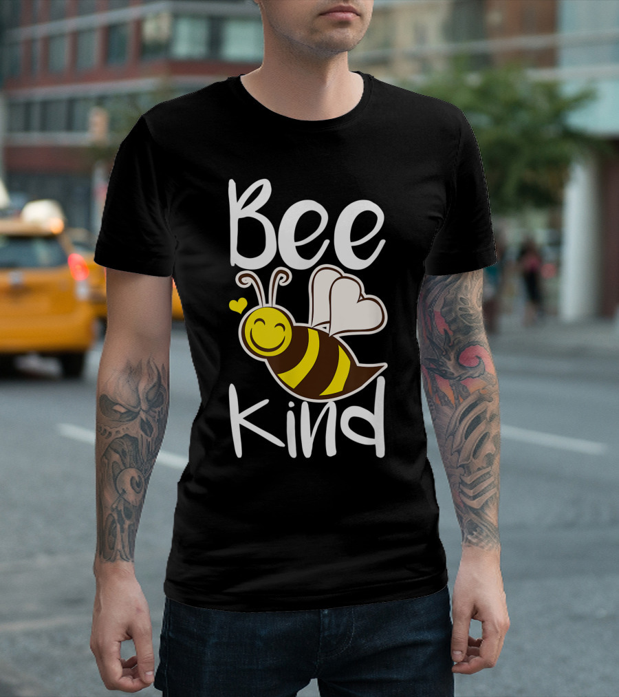 Bee Kind Happy Bumblebee Women Apparel With Smiling Bee And Heart Wings T-Shirt