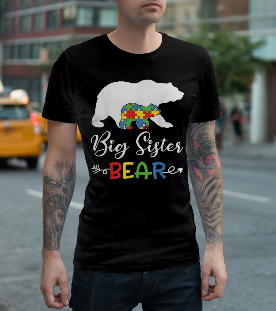 Big Sister Bear Autism Awareness Puzzle Piece Girl T-Shirt