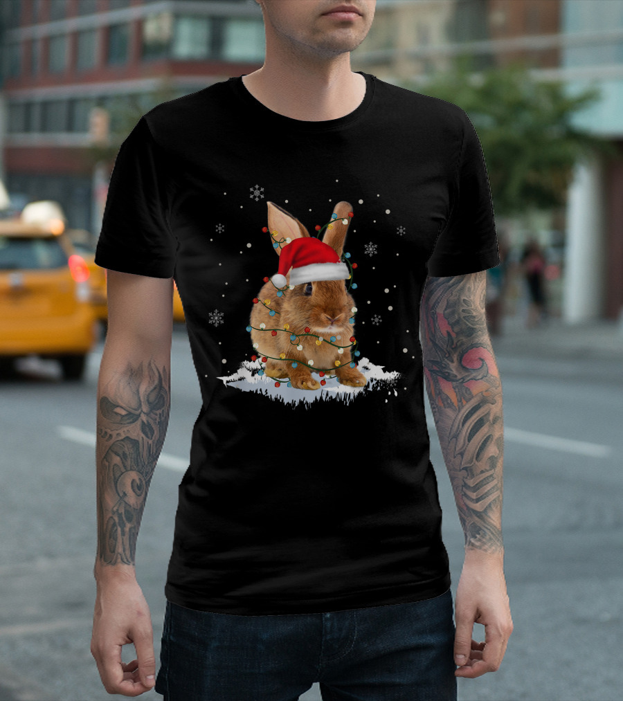 Bunny Rabbit Santa Hat Wrapped in Christmas Tree Lights with Snowflakes T-Shirt