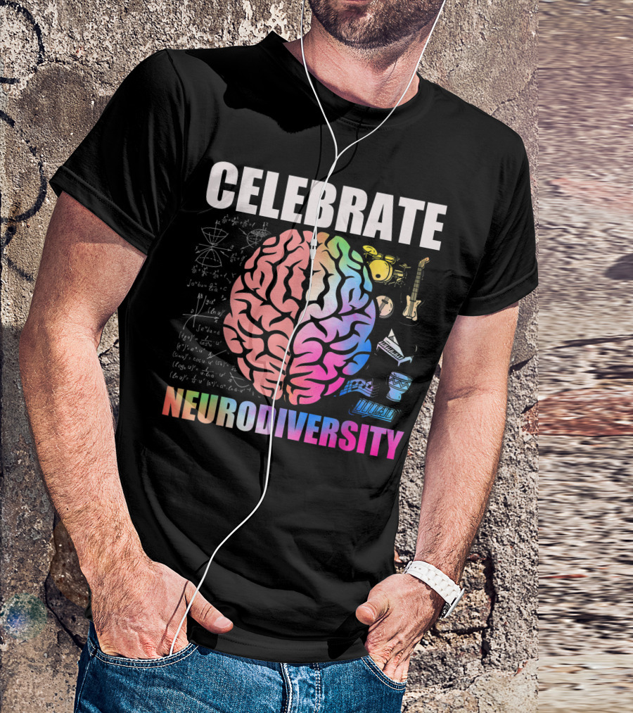 Celebrate Neurodiversity ADHD Brain Autism Support Rainbow Brain Music Math Instruments T-Shirt