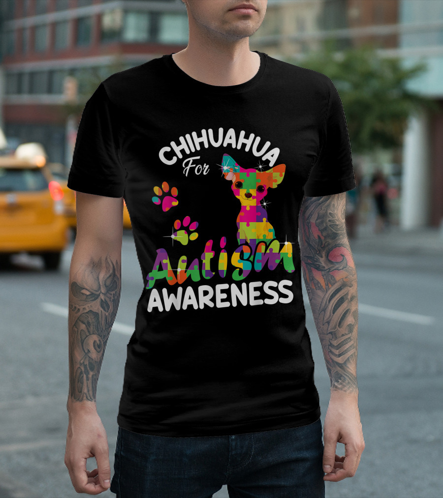 Chihuahua For Autism Awareness Puzzle Pieces Chihuahua Lover Paw Prints T-Shirt