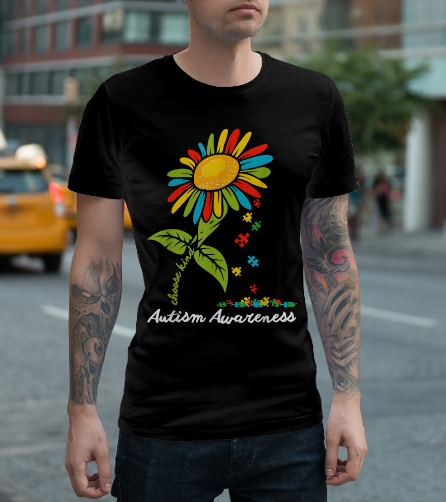 Choose Kind Autism Awareness Month Sunflower Puzzle Pieces T-Shirt