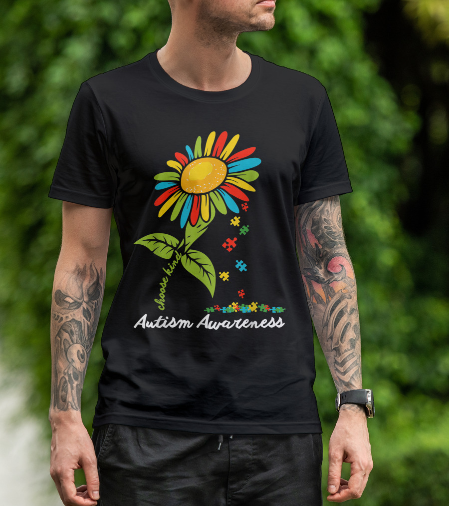 Choose Kind Autism Awareness Month Sunflower Puzzle Pieces T-Shirt