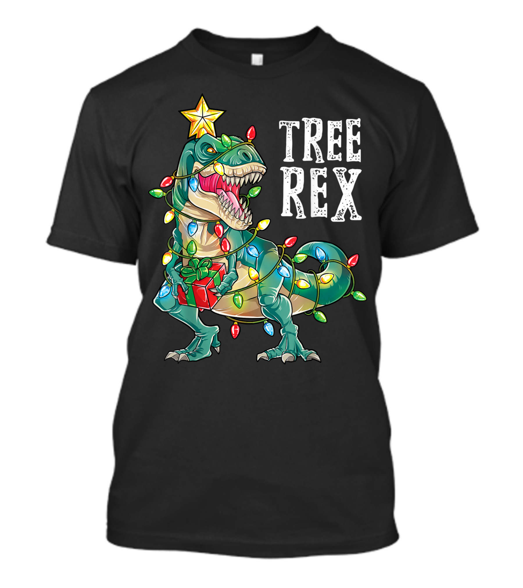 Tree Rex Dinosaur Wrapped In Christmas Lights With Star Topper T-Shirt