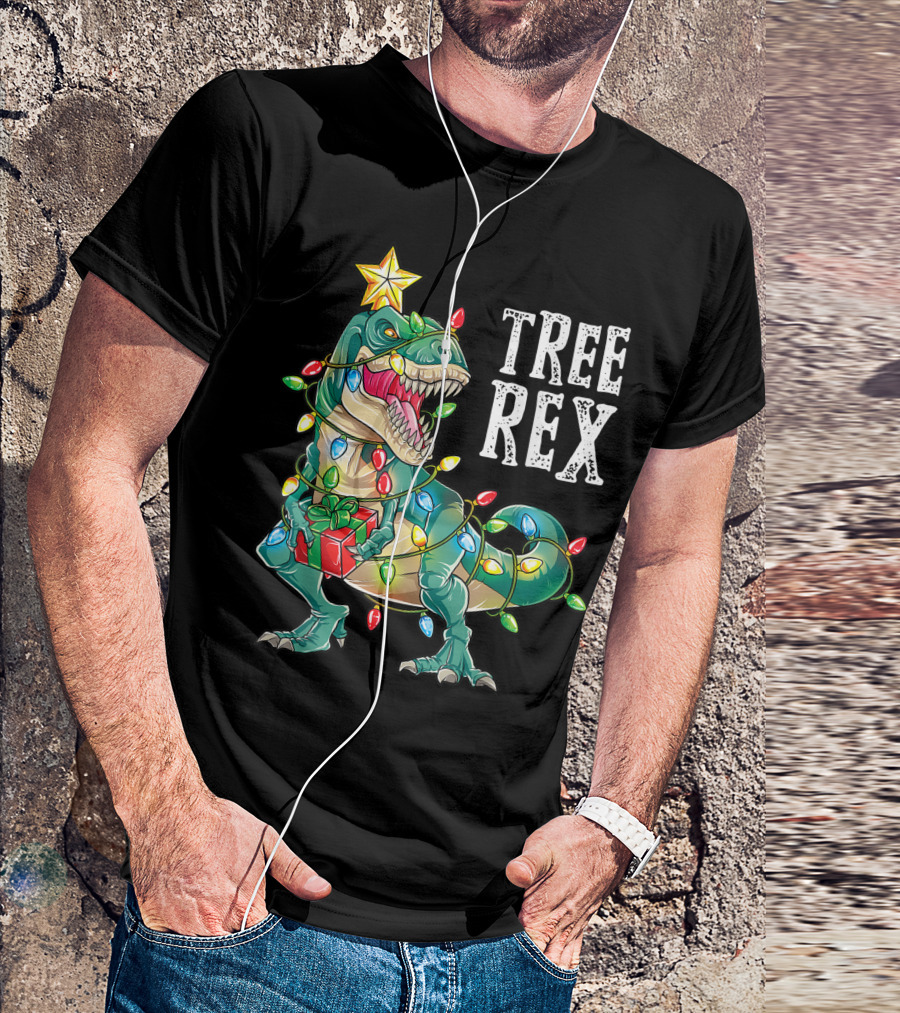 Tree Rex Dinosaur Wrapped In Christmas Lights With Star Topper T-Shirt