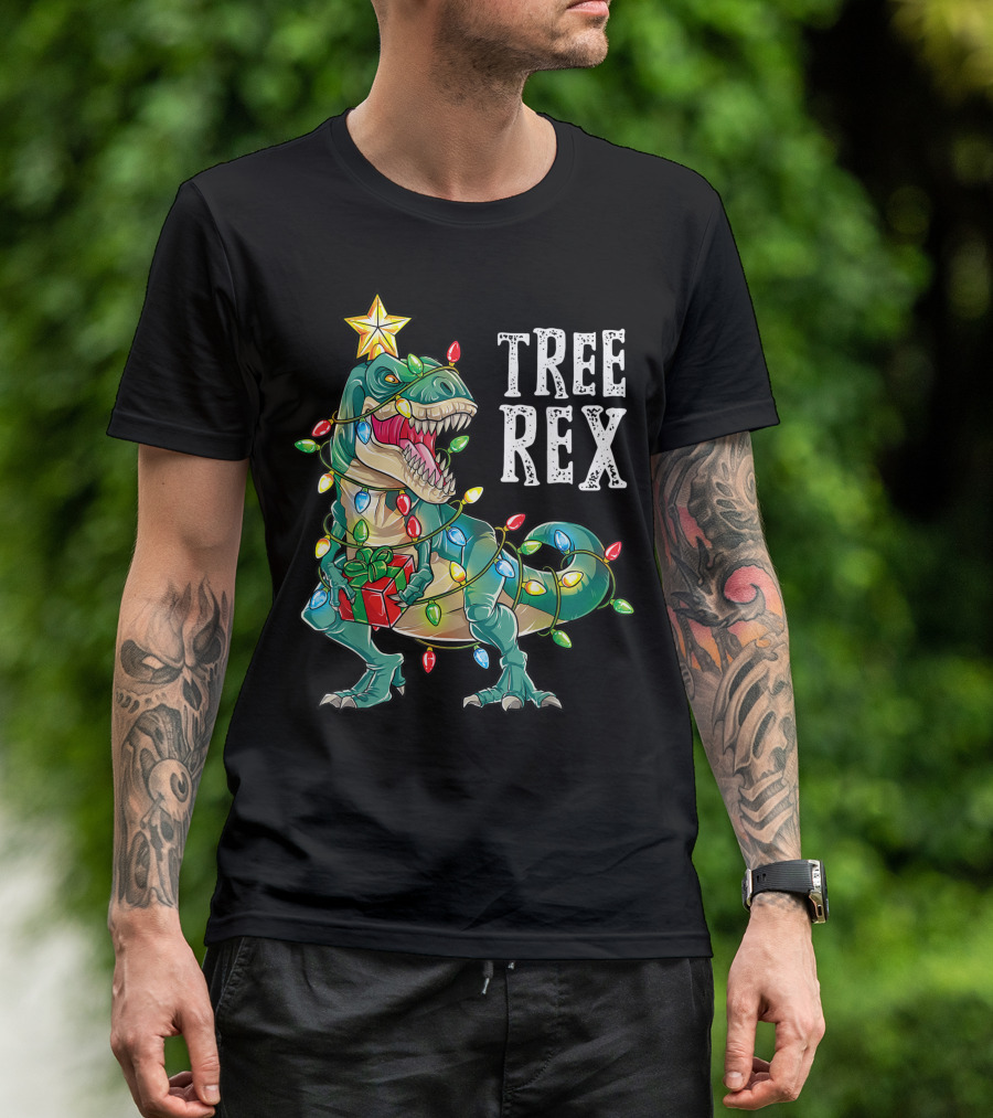 Tree Rex Dinosaur Wrapped In Christmas Lights With Star Topper T-Shirt
