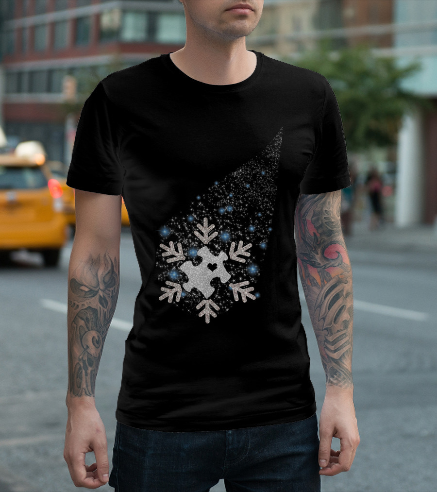 Christmas Tree Leaf Glitter Puzzle Snow Autism Awareness Xmas T-Shirt