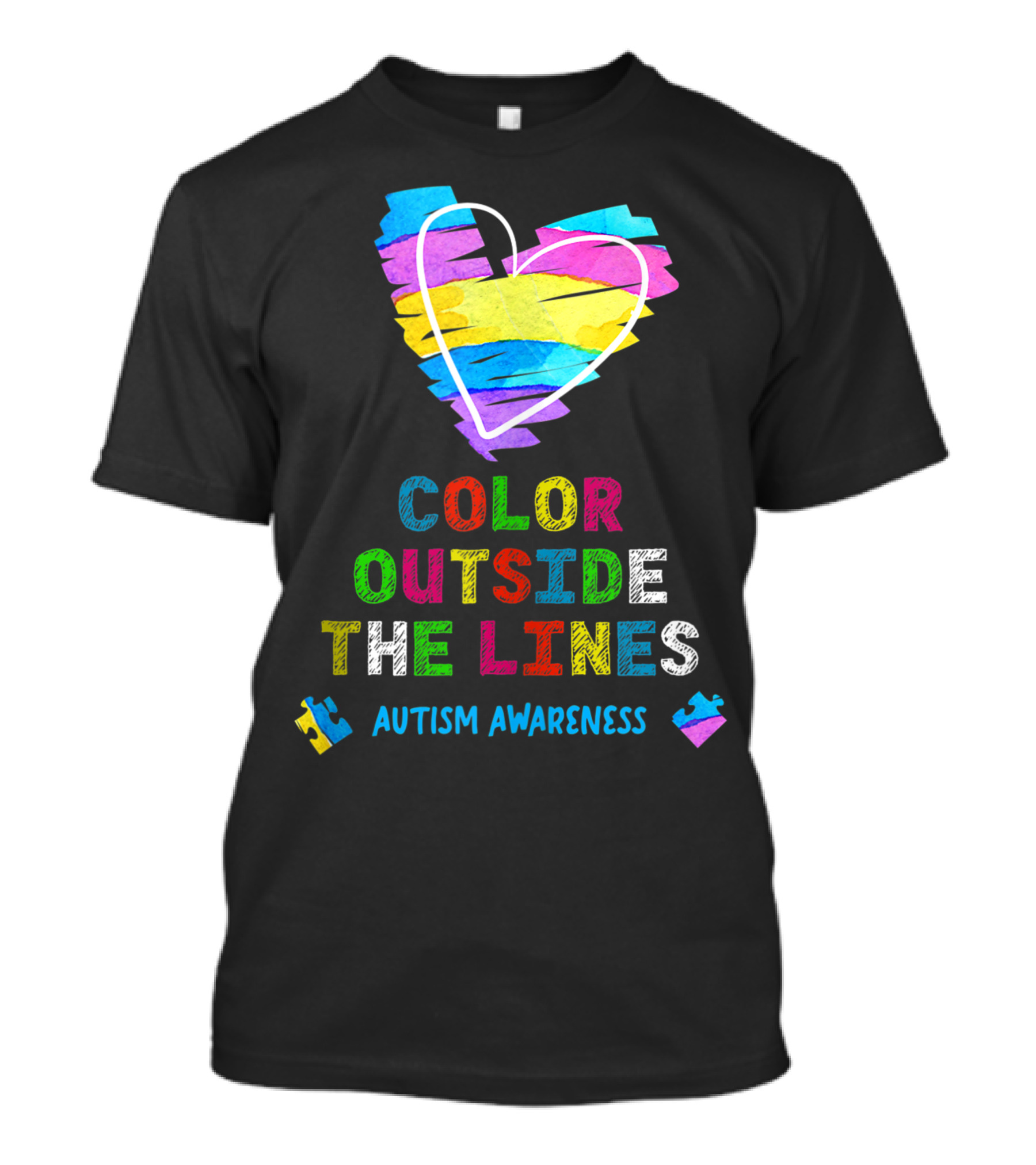 Color Outside The Lines Autism Awareness Heart Puzzle Pieces T-Shirt