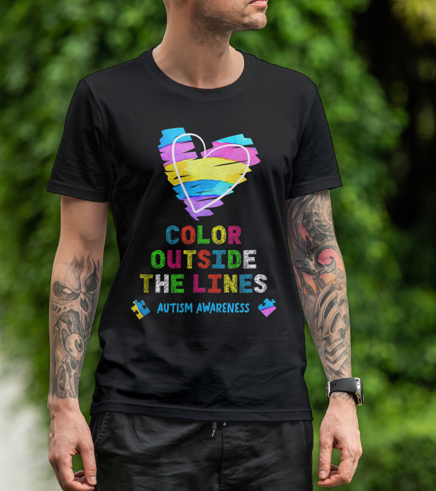 Color Outside The Lines Autism Awareness Heart Puzzle Pieces T-Shirt