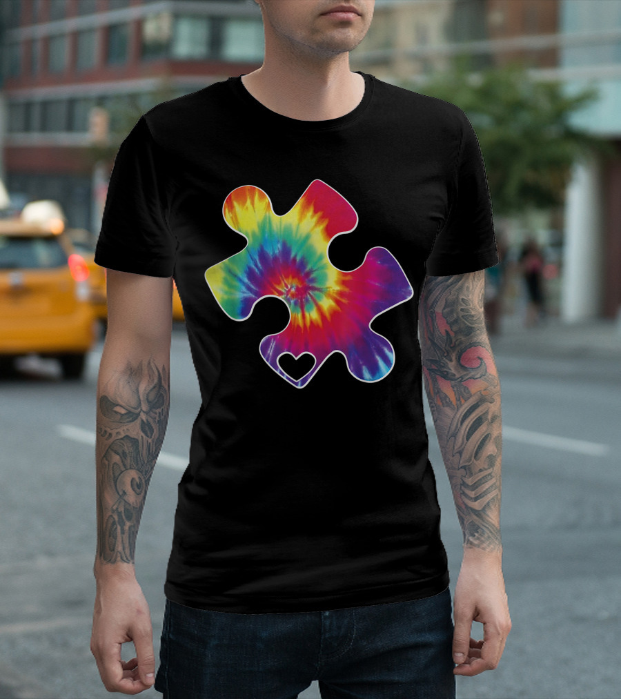 Cool Autism Awareness Tie Dye Puzzle Heart Rainbow T-Shirt