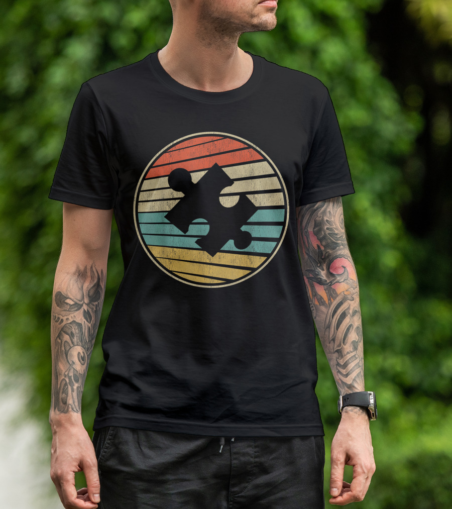 Vintage 70S 80S Autism Awareness Cute Puzzle Piece Retro Stripes T-Shirt