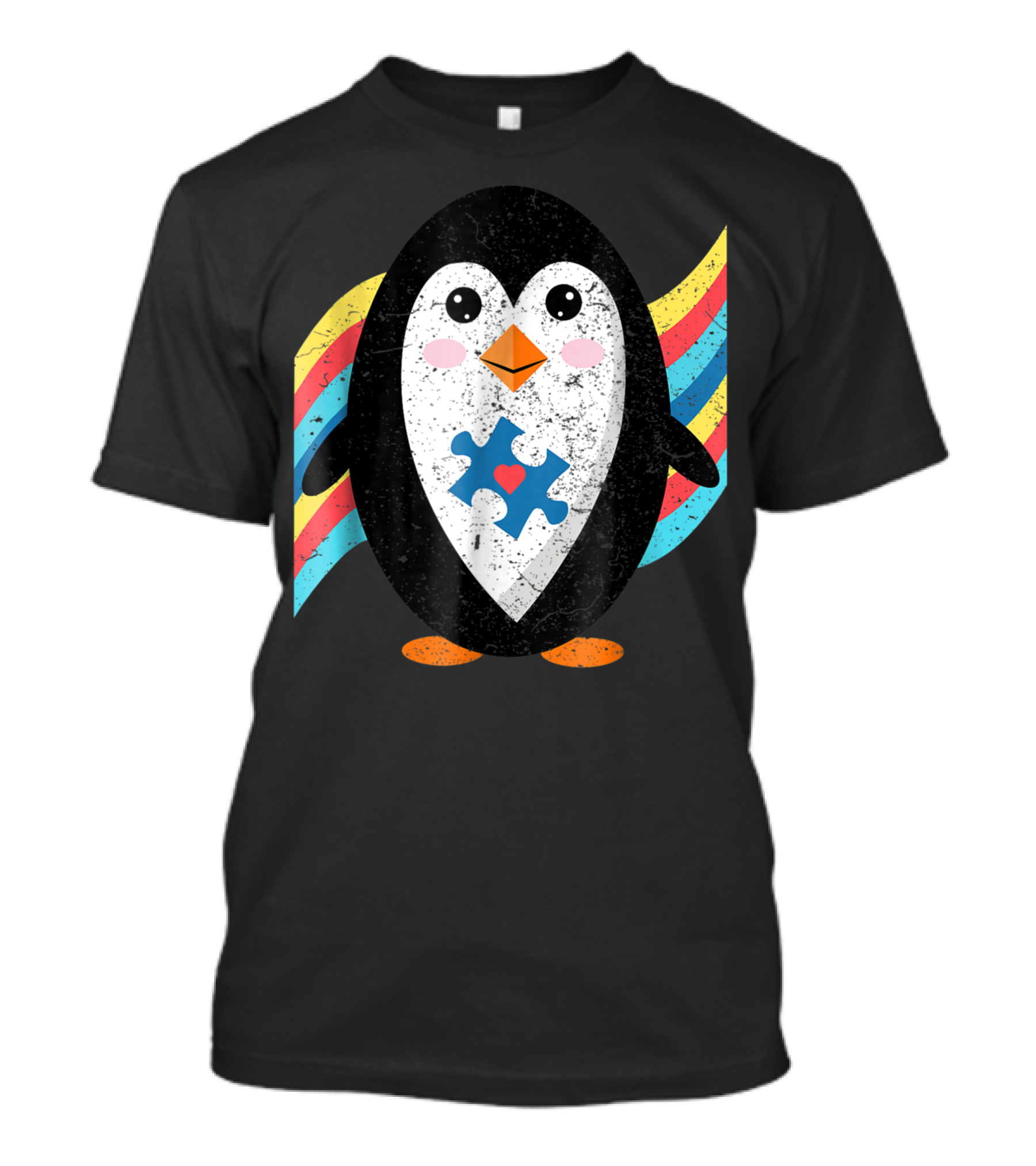 Cute Penguin With Autism Awareness Puzzle And Rainbow Stripes T-Shirt