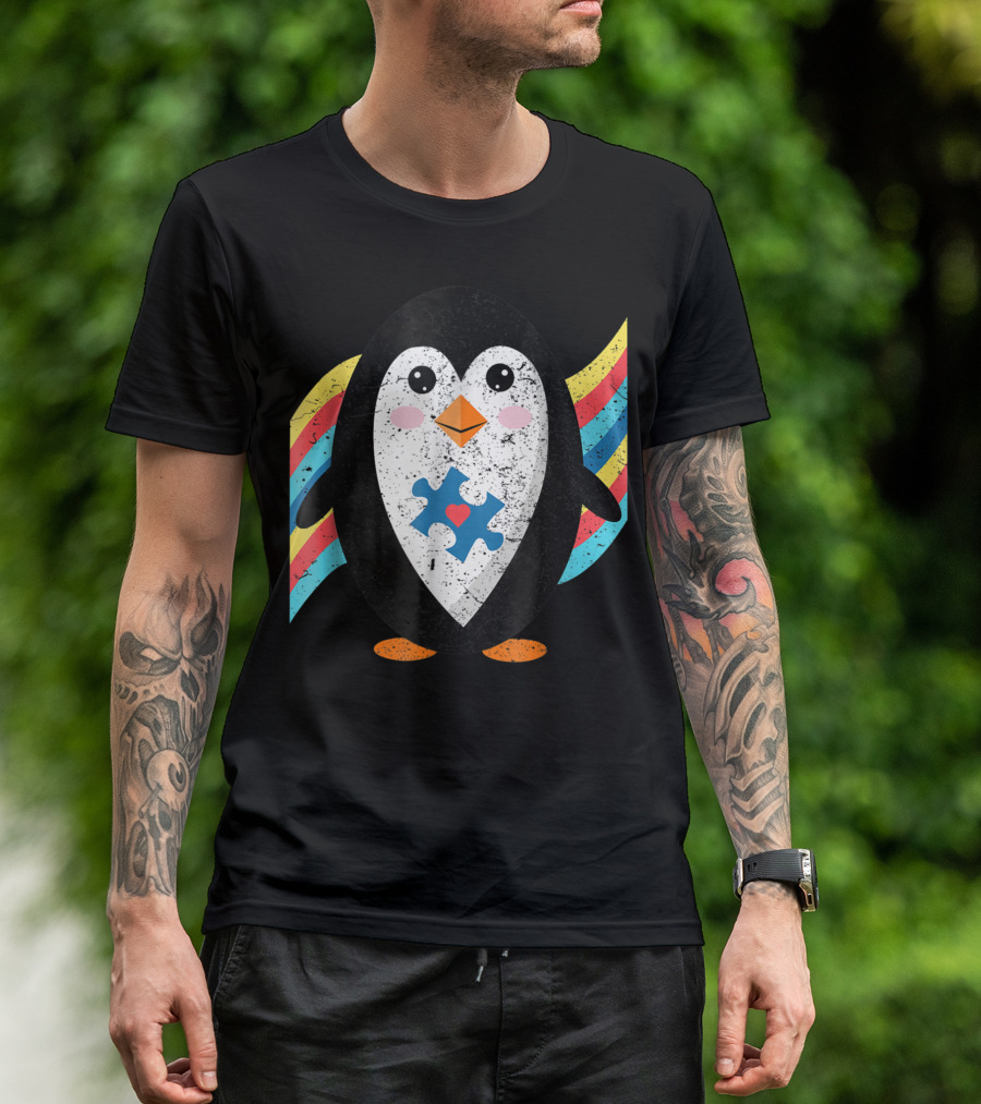 Cute Penguin With Autism Awareness Puzzle And Rainbow Stripes T-Shirt