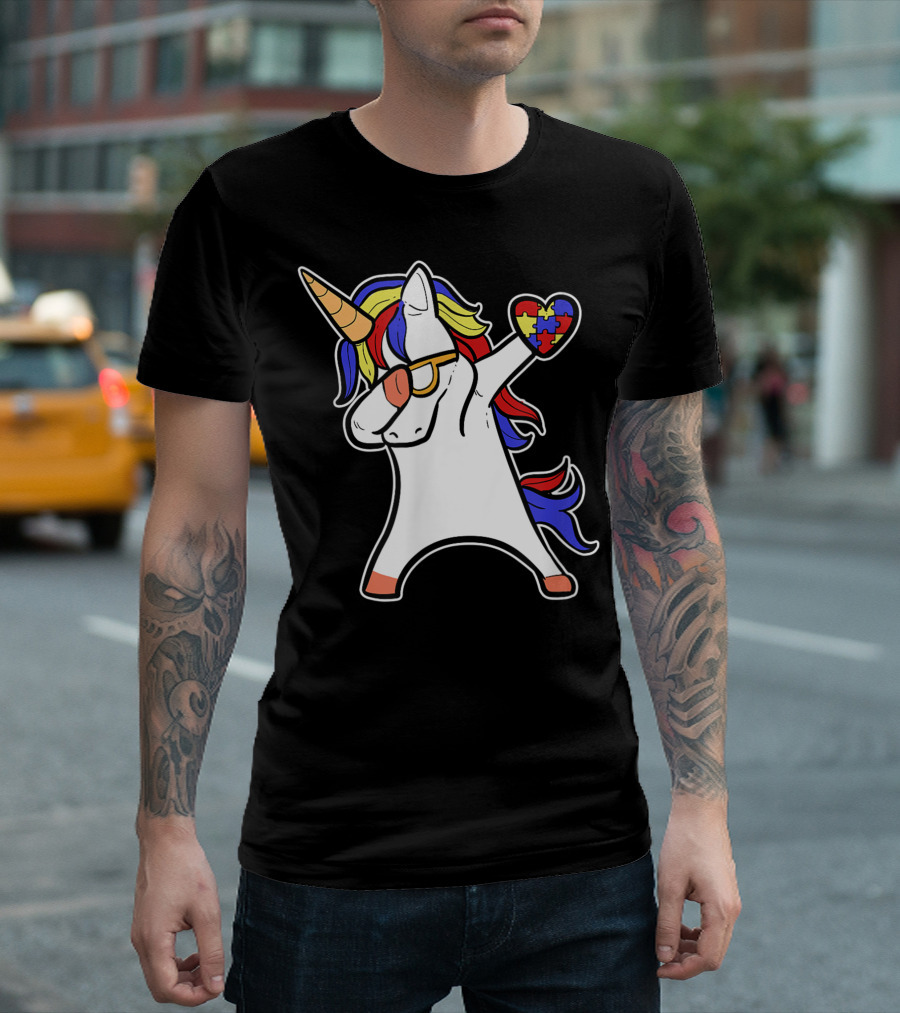 Cute Autism Unicorn Dabbing With Puzzle Heart Asperger Awareness T-Shirt