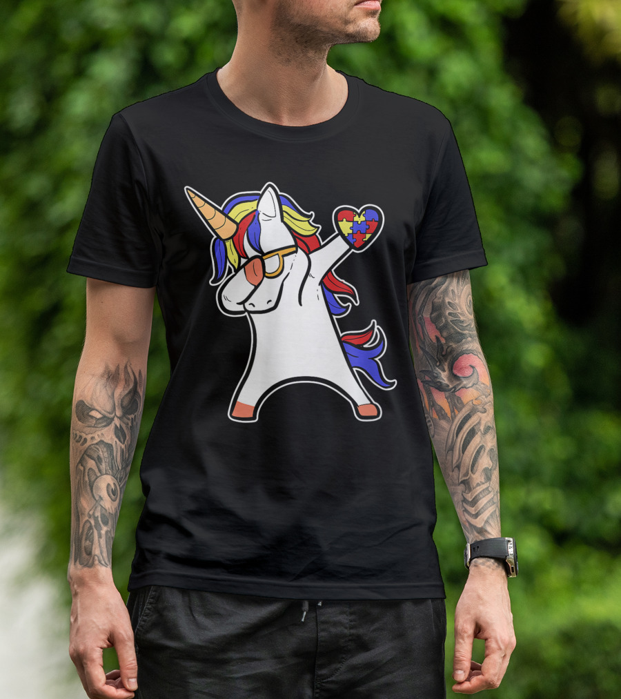 Cute Autism Unicorn Dabbing With Puzzle Heart Asperger Awareness T-Shirt