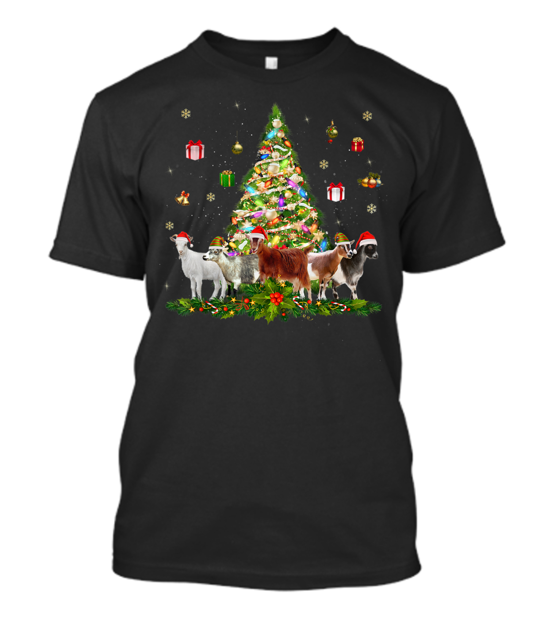 Festive Goats By Christmas Tree With Holiday Gifts And Decorations T-Shirt
