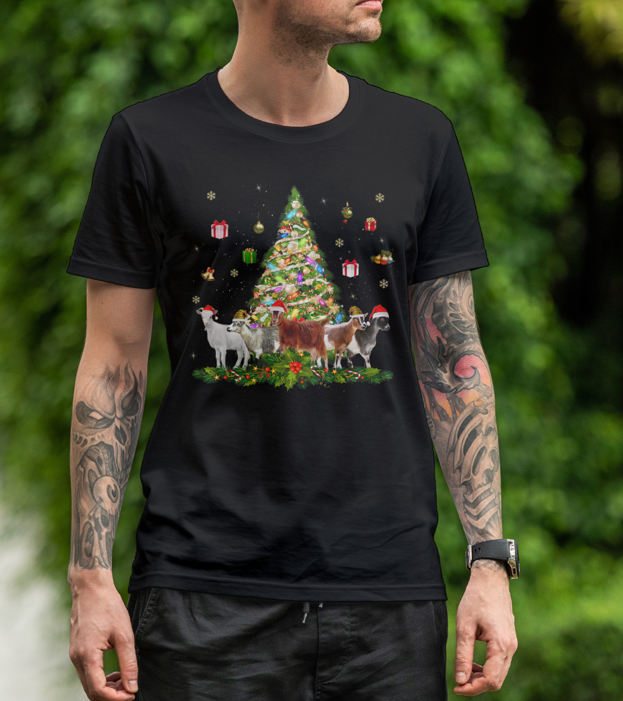 Festive Goats By Christmas Tree With Holiday Gifts And Decorations T-Shirt