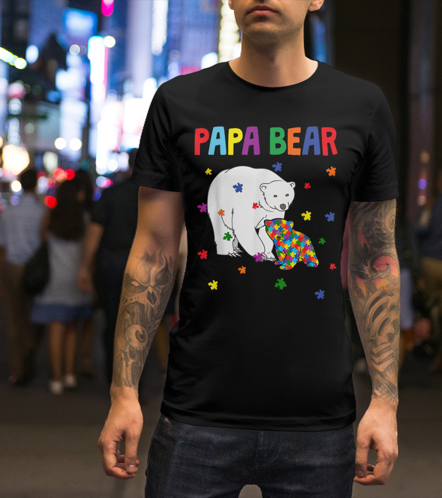Papa Bear Colorful Puzzle Autism Awareness Month Family T-Shirt