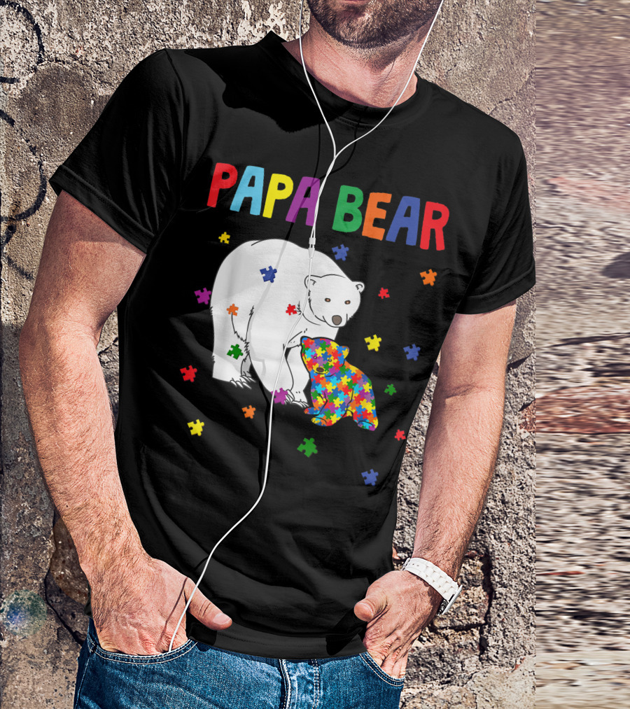 Papa Bear Colorful Puzzle Autism Awareness Month Family T-Shirt