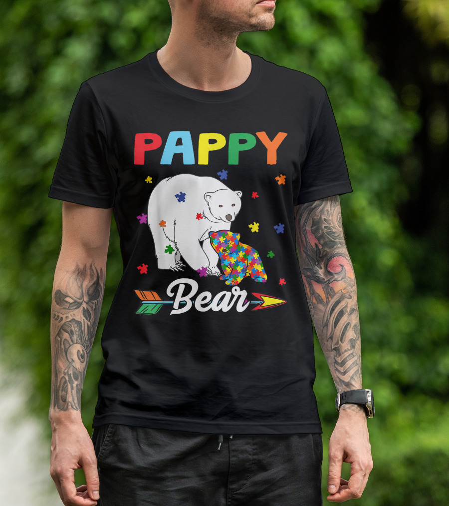 Pappy Bear Autism Awareness Month Family Colorful Puzzle Pieces T-Shirt