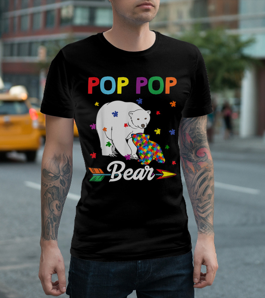 Pop Pop Bear Autism Awareness Month Family Colorful Puzzle Pieces T-Shirt