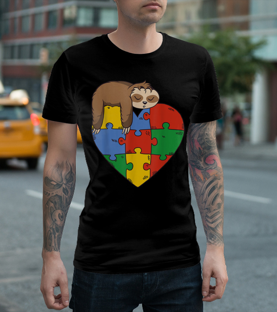 Cute Sloth Autism Awareness Heart Puzzle Autism Parents Autistic Child T-Shirt