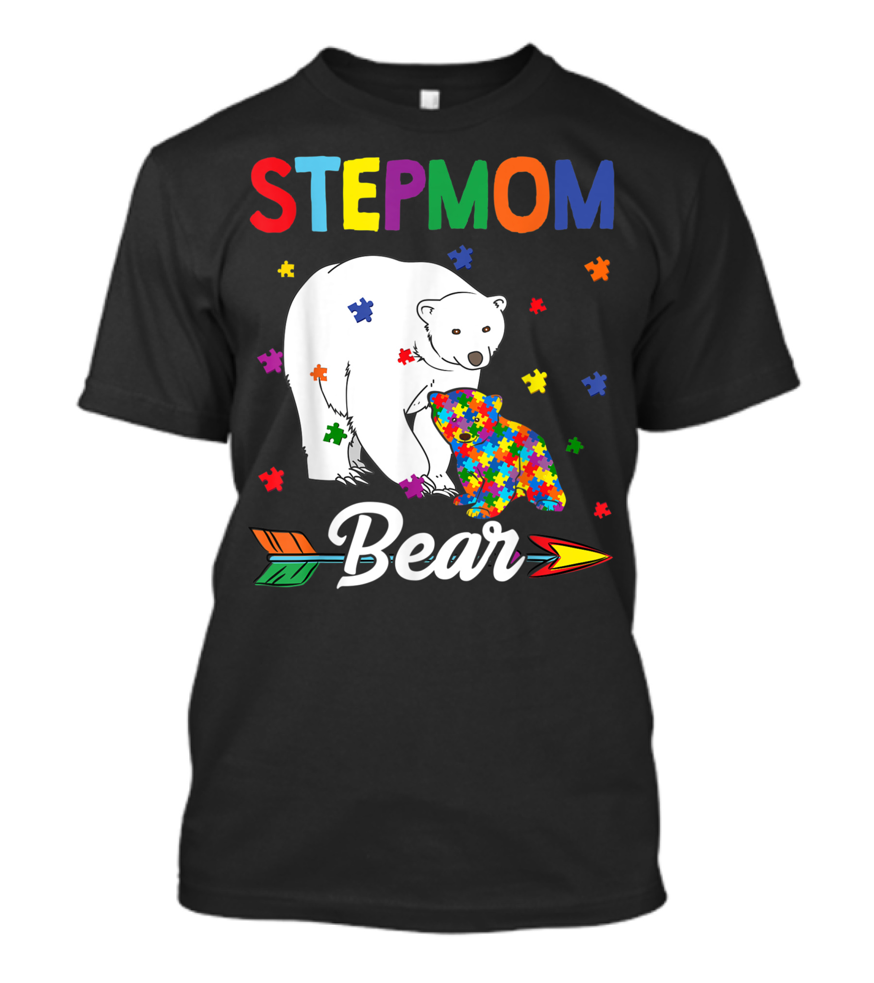 Stepmom Bear Autism Awareness Family With Colorful Puzzle Pieces And Arrow T-Shirt